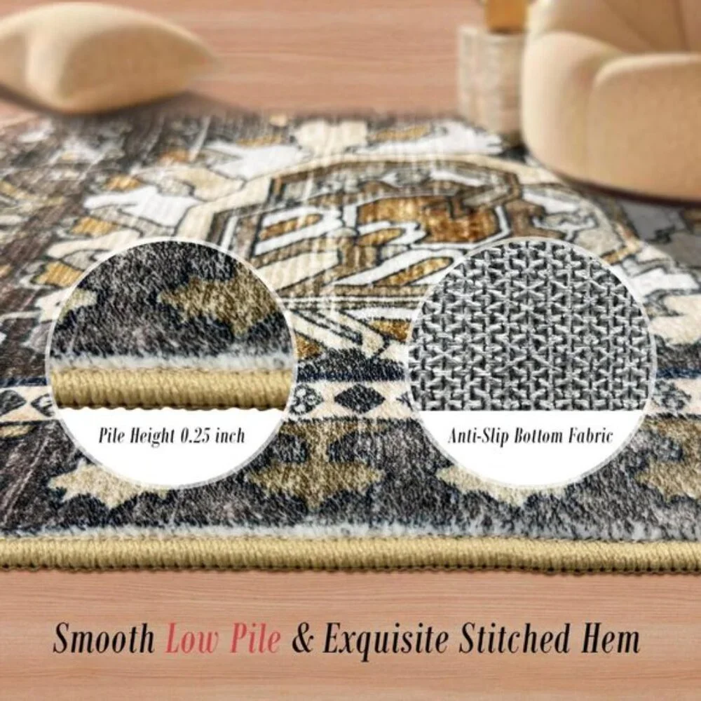 3' x 5' Washable Area Rug, Vintage Tribal, Non-Slip, Pet & Child Friendly, Ivory